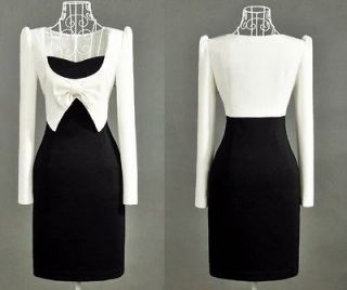 NEW office elegant women black & white long sleeve slim fit BOW Dress