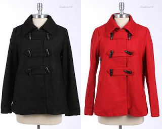 New Womens Winter Warm Toggle Wool Peacoat coat Black Red
