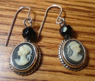 Cameo Earrings  Dark Blue w/ Dark Blue Faceted Glass Beads French Hk