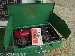1965 Coleman camp stove camping gear gas fuel Canada tent green red