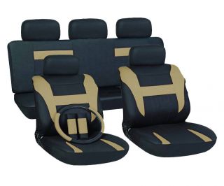 16pc Set Tan Black SUV Auto Car Seat Covers + Steering Wheel Belt Pad