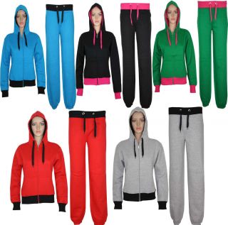 Womens Ladies Hooded APPAREL PLAIN Jogger Tracksuit Top Bottom Size S