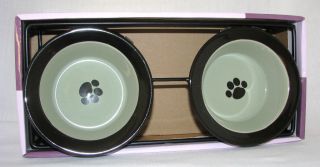 3PC DOG or CAT BLACK+GREEN PAW M/D SAFE FOOD+WATER BOWL+ELEVATED