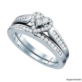 diamond 3 stone heart 10K gold 2 ring wedding band set .50 carats love