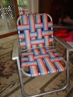 Vtg Child Size Webbed Folding Lawn Chair, Red, White & Blue Striped