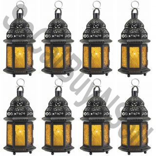 Lot of 8 Yellow Glass Panels Cutwork Moroccan Style Candle Lanterns