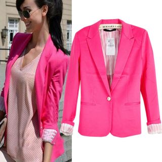 Celebrity Style Women Boyfriend Candy Color Pink Turn Back Cuff Jacket