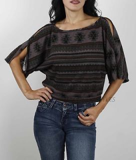 Sweater Knit crop Indie Fringe Ikat Print Tribal Boho Bohemian Gray