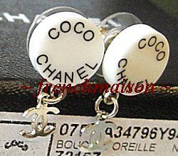 CHANEL White COCO Button + Gold CC Mini/Small Dangling Charm Earrings