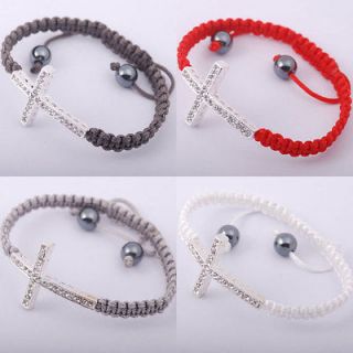 pave silver tone cross sideways adjustable bracelet braiding cord