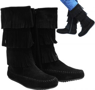 New womens shoes mid shaft boot fringe detail side zipper suede like