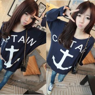 Casual Women Blouse Letter Hook Anchor Printing Round Neck Loose T