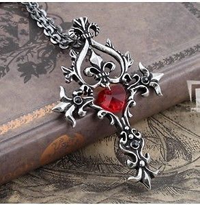 Diaries vintage Red Sacred Heart Crystal Memorial cross necklace