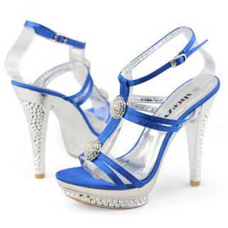 Ladies blue satin strappy high heels platform sandals evening bridal