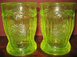 pair of Vaseline glass Dahlia dugan tumblers cups goblets uranium