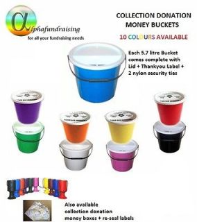 CHARITY COLLECTION DONATION BUCKET/BOX WITH LIDS + LABELS + SECURITY