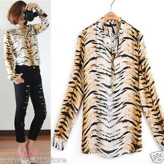 Women Leopard Animal Print Button Down T Shirt Chiffon Long Sleeve