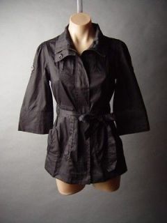 Black Utility Lightweight Women Cotton Casual Zip Up Short Trench Coat