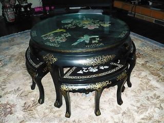 Chinese Black lacquer inlaid mother of pearl tea table seat stool lot