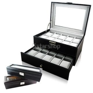 Large 24 Mens Black Leather Display Glass Top Jewelry Case Organizer