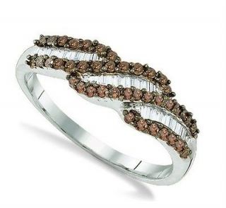 925 Silver Chocolate Brown & White Round & Baguette Diamond Ring .48ct