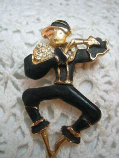 Vtg Enamel Rhinestone Ballet Clown floot Playing Brooch