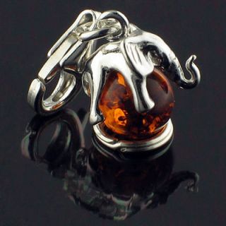 Sterling 925 Silver Charm Elephant on Real Amber Planet, Carabiner