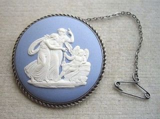 Rare Victorian Blue Jasper Wedgwood & Silver Brooch & Safety Chain
