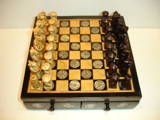NEW Hand Carved Soap Stone Art Mother of Pearl Inlaid CHESS SET Game