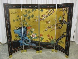 Black Chinoisery Oriental Room Screen Cherry Blossoms & Lotus Flowers