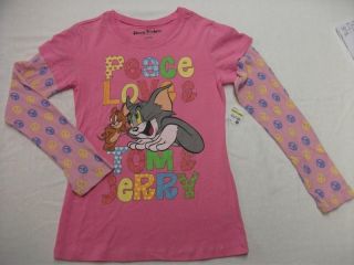 NEW Girls Long Sleeve T Shirt Tom & Jerry Peace Love Pink Top XL 14 16