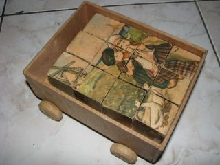 Set of Childrens Wooden Blocks / Cubes & Carrying Wagon w/ Scenes