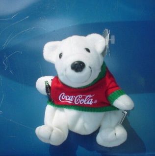 COCA COLA BEANIE PLUSH TOY BEAR WITH RED AND GREEN LOGO SWEATER   NWT