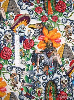 Fabric Contigo Aztec Warrior Virgin Skull White   Alexander Henry