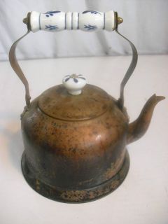 Vintage Copper Tea Kettle with Flow Blue Porcelain Handle Antique
