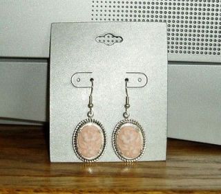 Silvertone Cameo Earrings   white hibiscus flower on pale pink