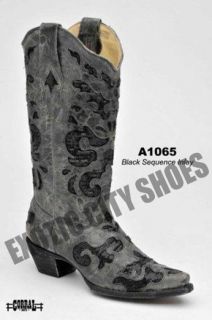 Womens Leather Cowboy Western Boots Black Crater Sequin Inlay A1065
