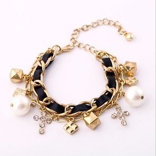 Black Leather Cord Braid Crystal Cross Pearl Double layer Bracelet
