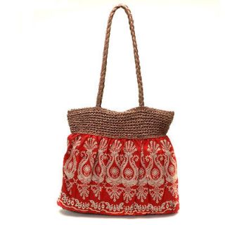 Large Tall Tosca Red Printed Fabric Straw Carry All Tote Handbag