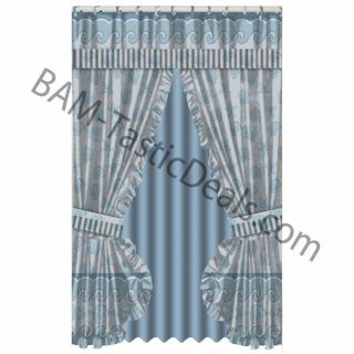 Ruffled Double Swag Fabric Shower Curtain+Vinyl Liner+12 Matching