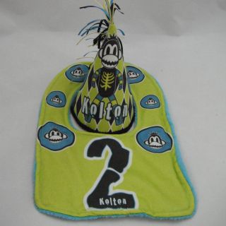 Custom 2 pc Boys 1st Birthday Plaid Sock Monkey Fabric Party Hat Bib