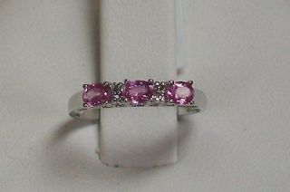 New Delicate 10K White Gold Three Stone Pink Topaz and Diamond Ring