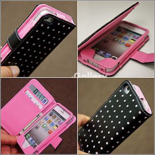 Pink Dot Wallet Leather Card Holder Pouch Case Cover For iPhone 4#H