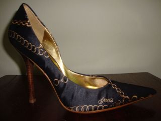 PRETTY GUESS CARRIE STILETTO PUMPS SIZE 10 GOLD CHAINS ON BLACK SATIN