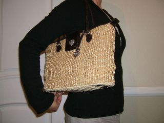 Straw & Brown Leather Tote Handbag w/ Embossed Croc Flap   12
