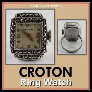 CROTON RING WATCH Vintage D.O. CREATION CASE 17j Size 4 1/2 MARCASITE