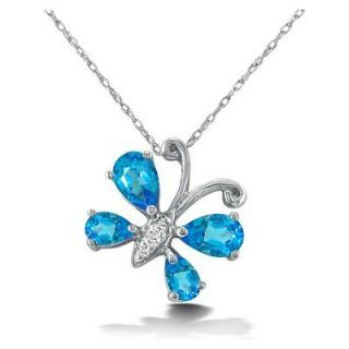 Sterling Silver Blue Topaz and Diamond Butterfly Pendant (1/4 cttw