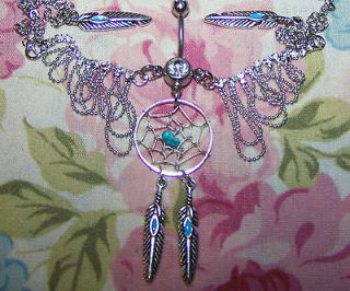 Stunning DREAMCATCHER Navel Belly Ring dangle & Hip Chain Turquoise
