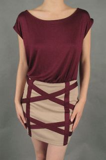  Style Burgundy and Beige 2 Fer Banded Ponti Dress   L