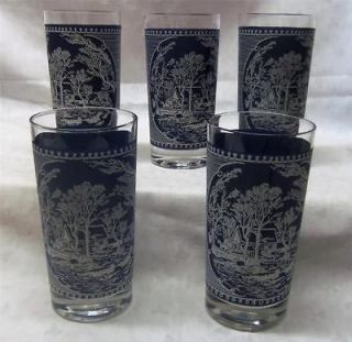 VTG ROYAL CHINA CURRIER & IVES TALL GLASS TUMBLERS AMERICAN BLUE